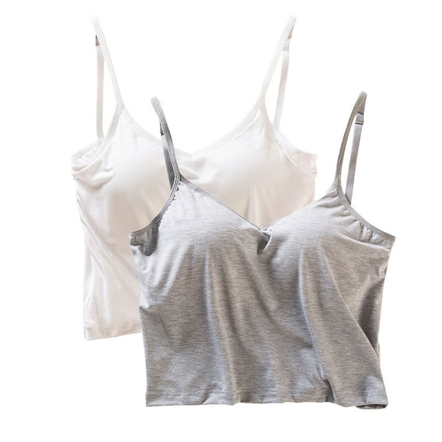 Timegard Camisole pour Femmes 2 Pcs Col en V Bretelles Spaghetti Ajustables Courte Ajustée Confortable Camis avec Soutiens-Gorge