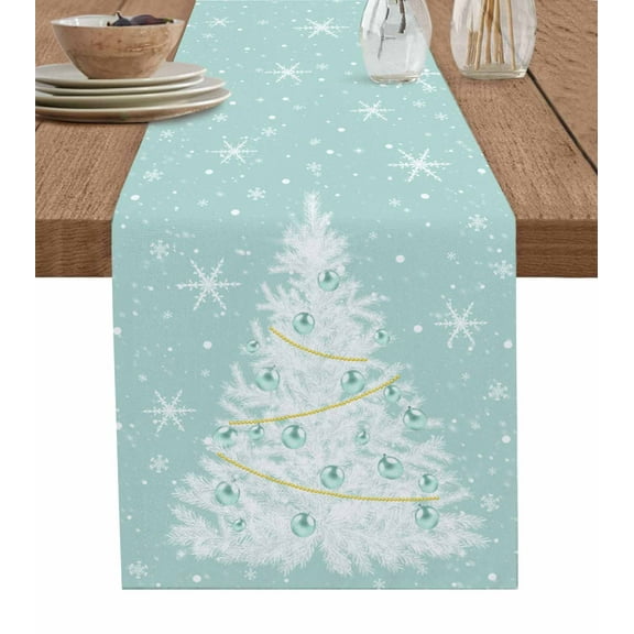 Table Runner 70 Inches Long for Kitchen Dining, Teal Green Christmas Tree Dresser Scarf Farmhouse, Dining Table Decorations for Wedding/Parties, Balls Snowflake Xmas Tree 13 x 70 In