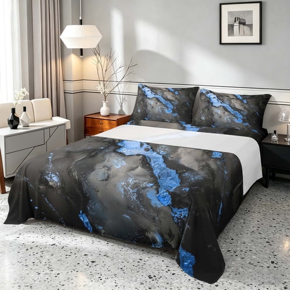 Manfei Aesthetic Marble Queen Sheets, Foil Queen Sheet Sets, Black and Blue, Black Reversible 4 Pieces1 Flat Sheet 1 Fitted Sheet 2 Pillowcases