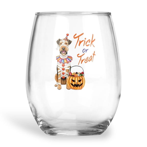Trick or Treat Airedale Terrier Funny Mummy Cosplay Pumpkin Candy Basket 15oz Stemless Wine Glass Mug Dale Waterside Dog Lover Wine Glasses Cup - 12016