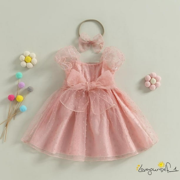 B930G-Kids Girls Princess Dress Swiss Dot Puff Manga Lazo Flor Niña Vestido En Capas Malla Tul Desfile De Fiesta Con Diadema