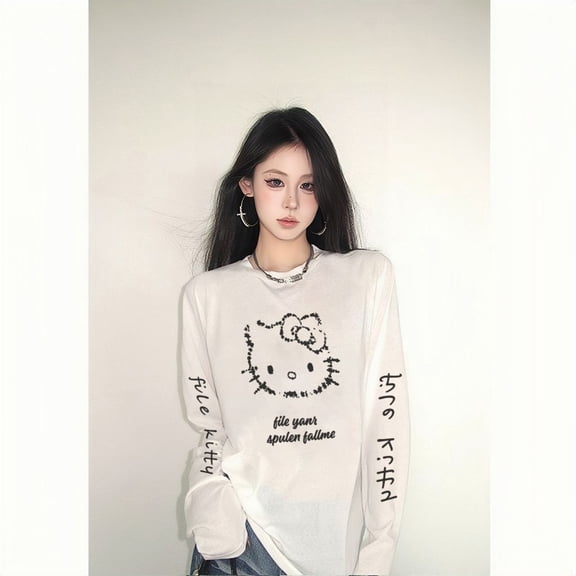 Sanrio Hello Kitty Cotton Kawaii Anime Fashion Casual Long-Sleeved Spring and Autumn Base Shirt Round Neck New Top