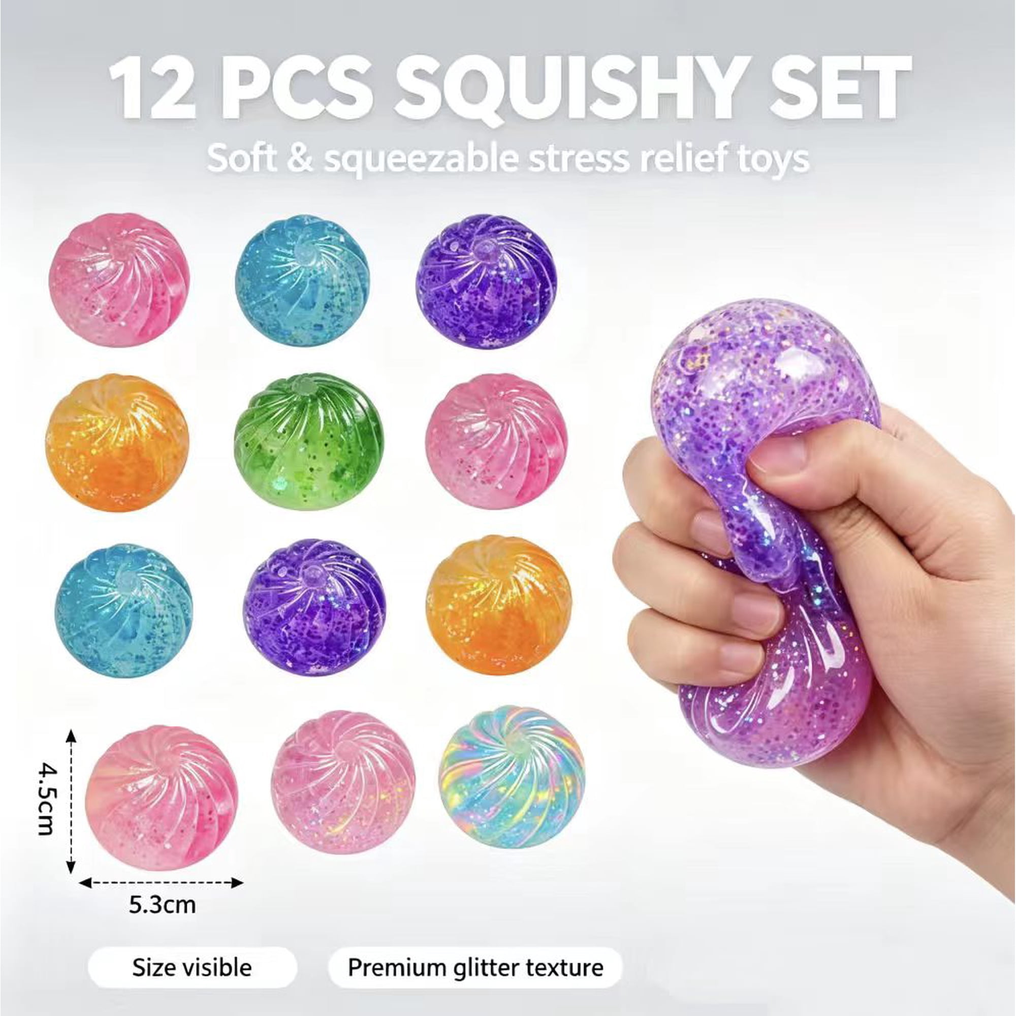 12Packs Glitter Dumpling Squishie-s Toys - Super Soft Stress Balls with Support Boxes
