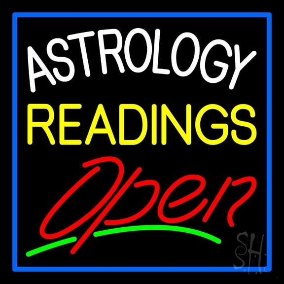 Astrology Readings Open And Blue Border LED Neon Sign 24" Tall x 24" Wide - inches Black Square Cut Acrylic Backing, with Dimmer - Bright and Premium built indoor LED Neon Sign for Storefront.