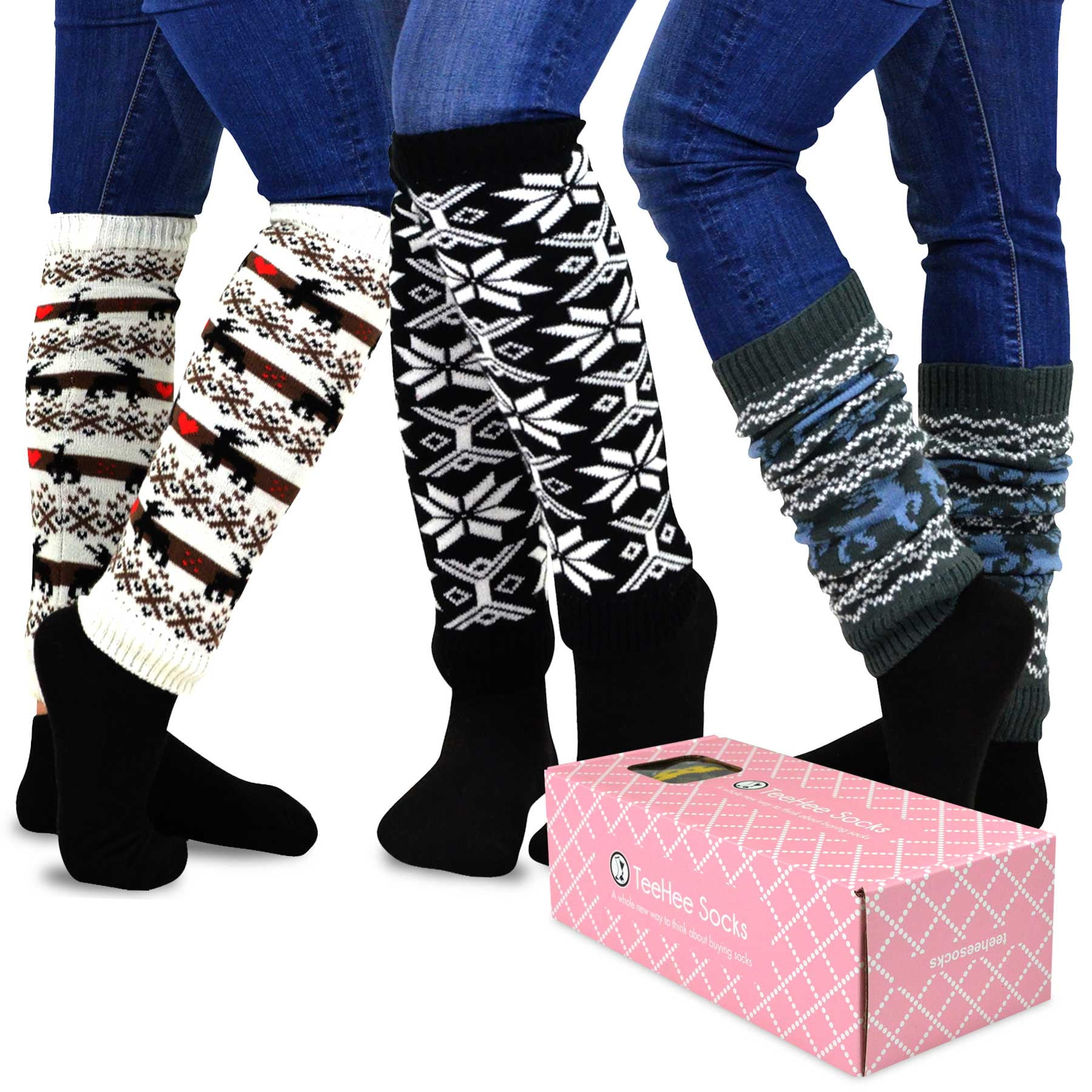 TeeHee Gift Box Womens Fashion Leg Warmers 4-Pack Assorted Colors Winter Snow flakes