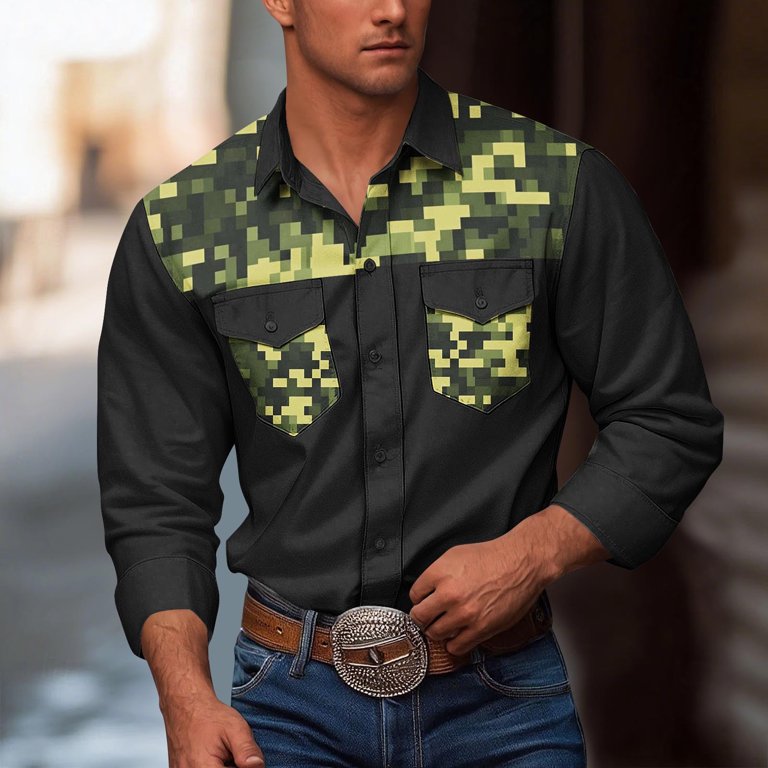 black camo dress shirt Black Camouflage Long Sleeve Men Button Up Shirt, Grey Camo Print Dress Buttoned Collared Casual Down Dress Male Guys Polyester Shirt