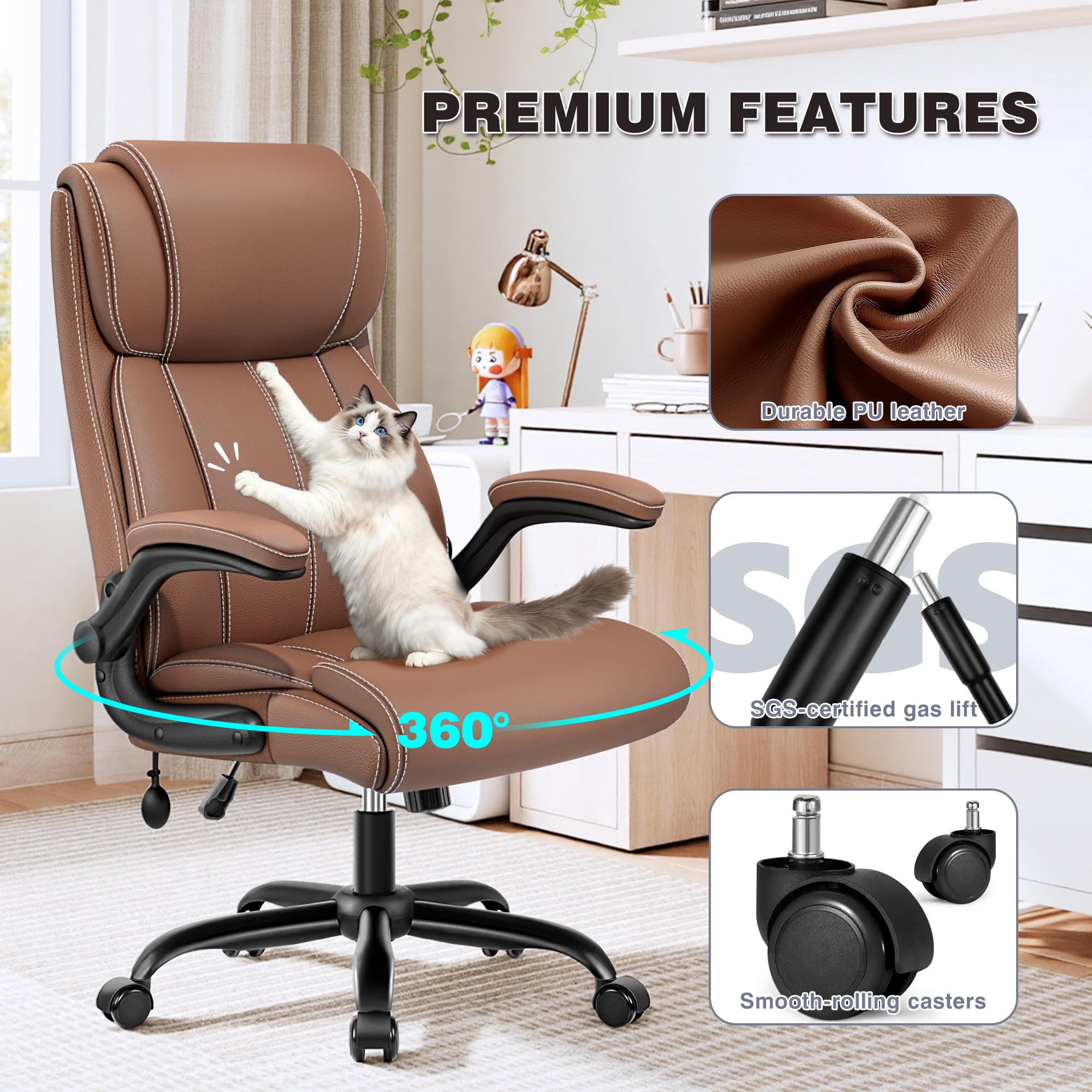 Primy Ergonomic Office Chair with Adjustable Air Lumbar, Home Desk Computer Chair, Leather High-Back Executive Chairs with Flip-Up Arms, Rocking Swivel Comfort