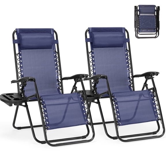 SHOUFTW 2 Pcs Zero Gravity Chair, Portable Reclining Camping Chair with Adjustable Pillow & Cup Holder Trays