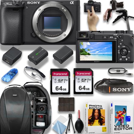 Sony a6400 24.1MP 4K video recording Camera (Body) Bundle with 2x64 Fast Memory Cards, Tripod+Extra Replacement Battery, Photo/Video Software Kit and Accessories