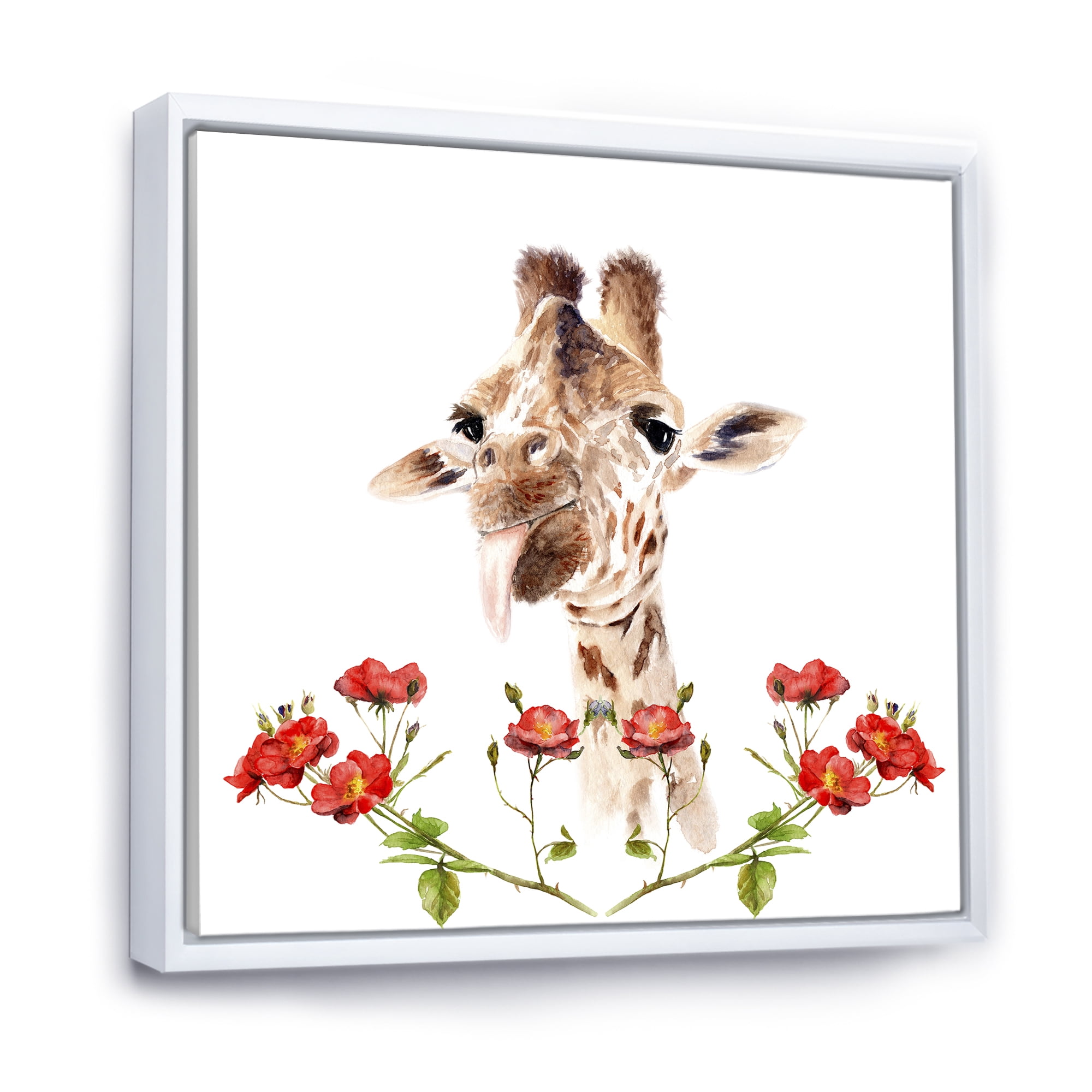 Designart 'Portrait of A Giraffe With Red Flowers I' Farmhouse Framed Canvas Wall Art Print