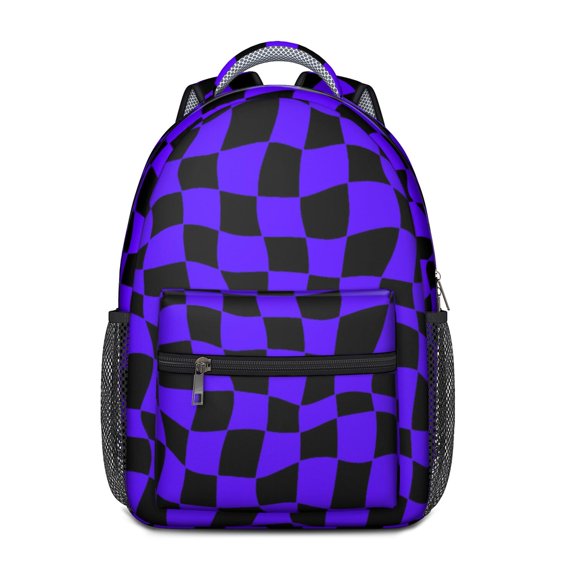 Purple and Black Wavy Checkered Pattern Backpack for School, Cute School Bag with Adjustable Shoulder Straps and Padded Back, 15.3"x11"x6.7"