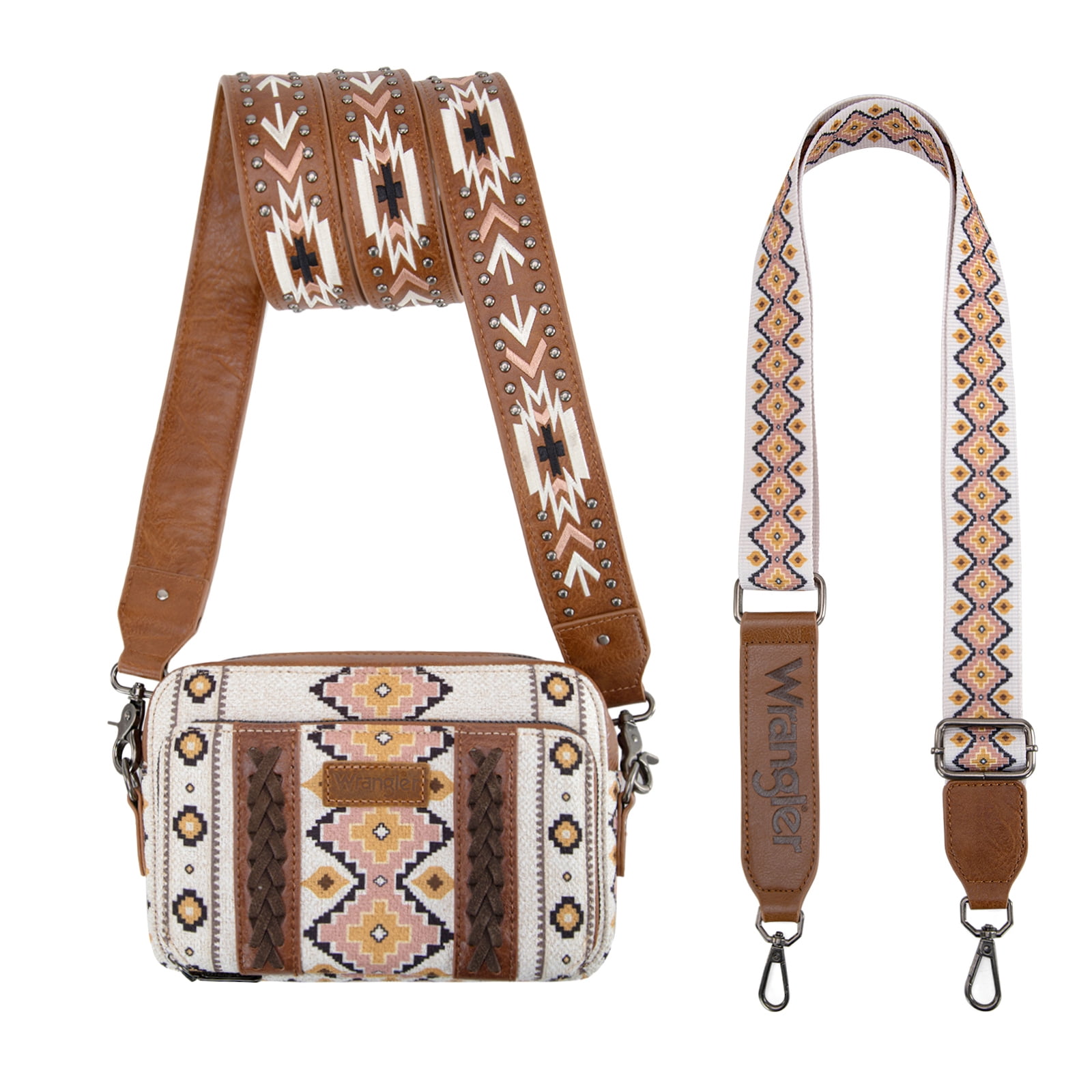 Wrangler Crossbody Bag for Women Boho Aztec Small Multi Pocket Crossover Purse, Coffee