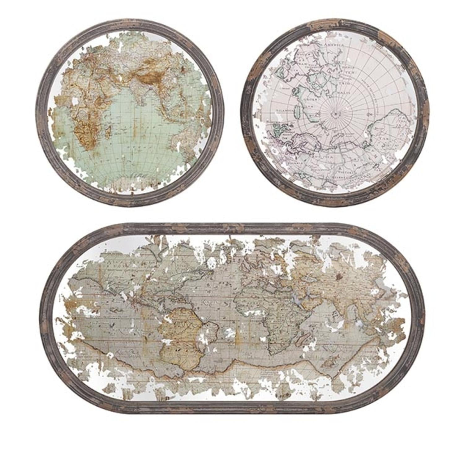 Round Wood Wall Art set of 3 antique style mirrored world map wood framed oval and Round Wood Wall Art set of 3 antique style mirrored world map wood framed oval and
