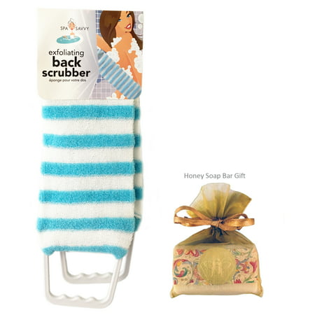 Exfoliating Back Scrubber Nylon Beauty Skin Bath Wash Cloth Towel with Handles Blue with HONEY Soap Bar for Women and (Best Exfoliating Soap For Men)