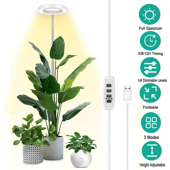 Full Spectrum Plant Grow Light, LED Lamp with Auto On/Off Timer, 10 Brightness Settings, for House Plants
