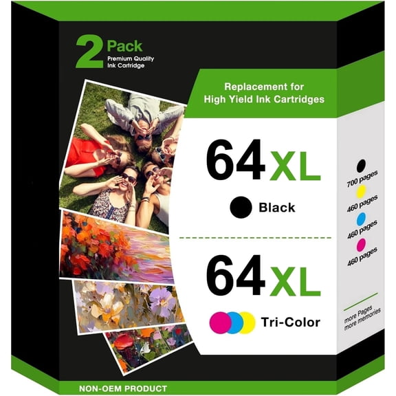 64XL Ink Cartridge Combo Pack for Ink 64 Works with Envy Photo 7855 7858 7155 6252 7800 7100 Envy Inspire 7255e 7955e 7958e 7900e Tango Series Printer (1 Black, 1 Tri-Color)