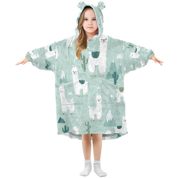 Wearable Blanket with Sleeves and Pocket Oversized Hooded Sweatshirt 3-14 YR Cute Cartoon Llama Pattern S