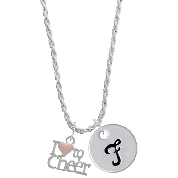 Delight Jewelry Silvertone I love to Cheer with Pink Heart Silvertone Script Initial Disc - F - Charm Necklace, 20"+3"