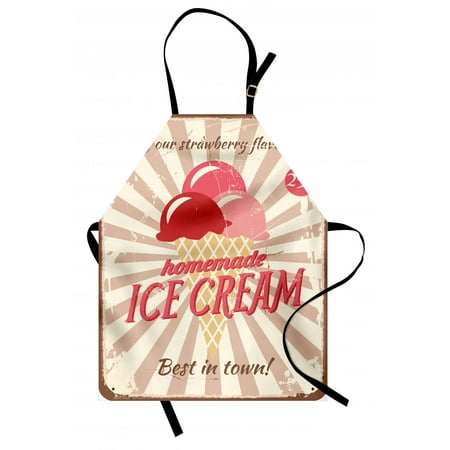 Ice Cream Apron Vintage Style Sign with Homemade Ice Cream Best in Town Quote Print, Unisex Kitchen Bib Apron with Adjustable Neck for Cooking Baking Gardening, Red Coral Cream Tan, by