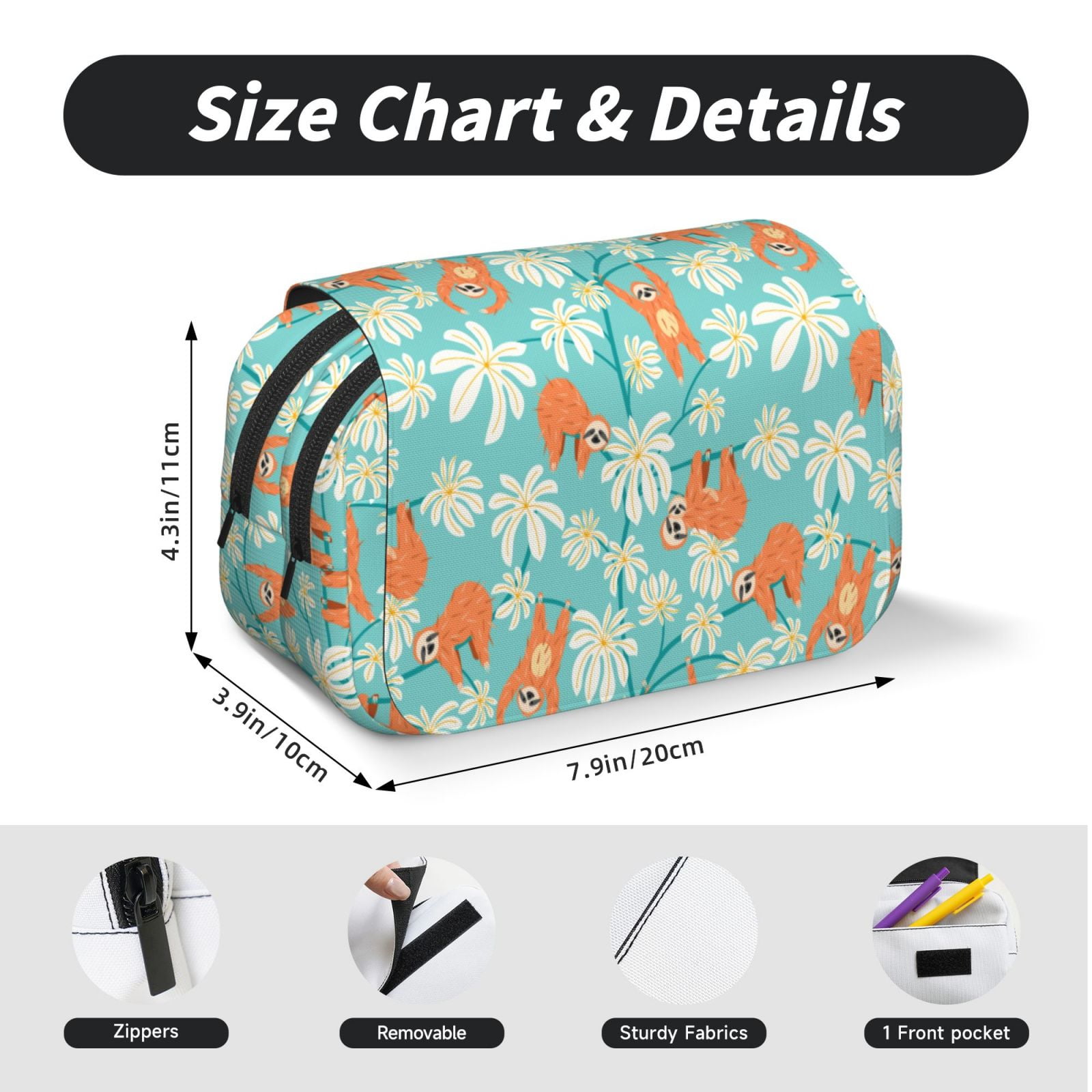 Rateoe Cute Sloth on Floral Tree Pattern Double Clamshell Pen Case, Storage Organizer with Two Zipper Compartments– Holds Up to 50 Pencils & Pens