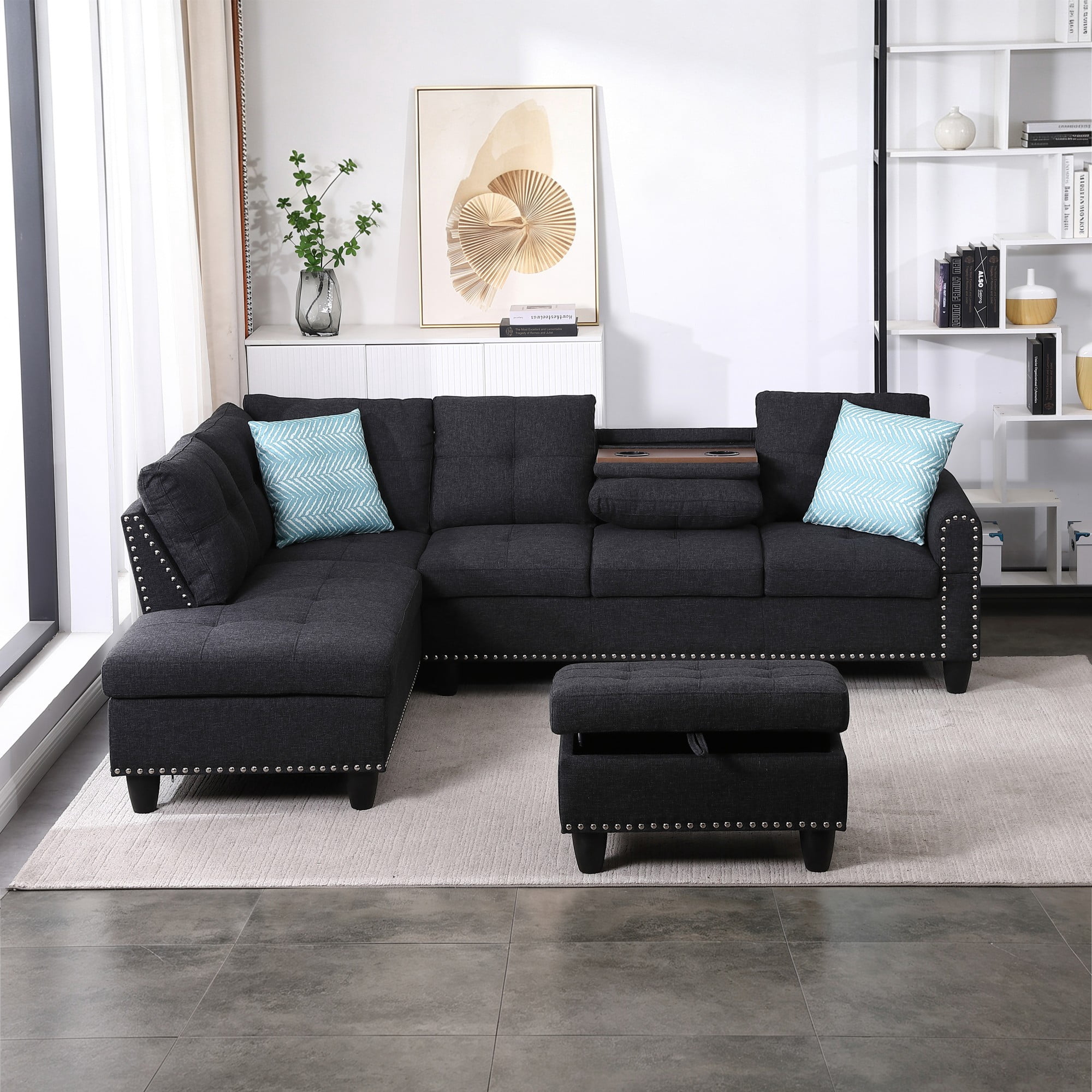 BSHTI 3-Seat Contemporary Linen L-Shaped Sectional Sofa with Reversible Storage Chaise, Storage Ottoman, Cup Holders for Living Room（Charcoal Gray）