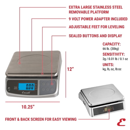 Escali M-Series NSF Certified Digital Kitchen & Industrial Scale, 66 lb Capacity, Dual Display, Spill-Proof, Stainless Steel