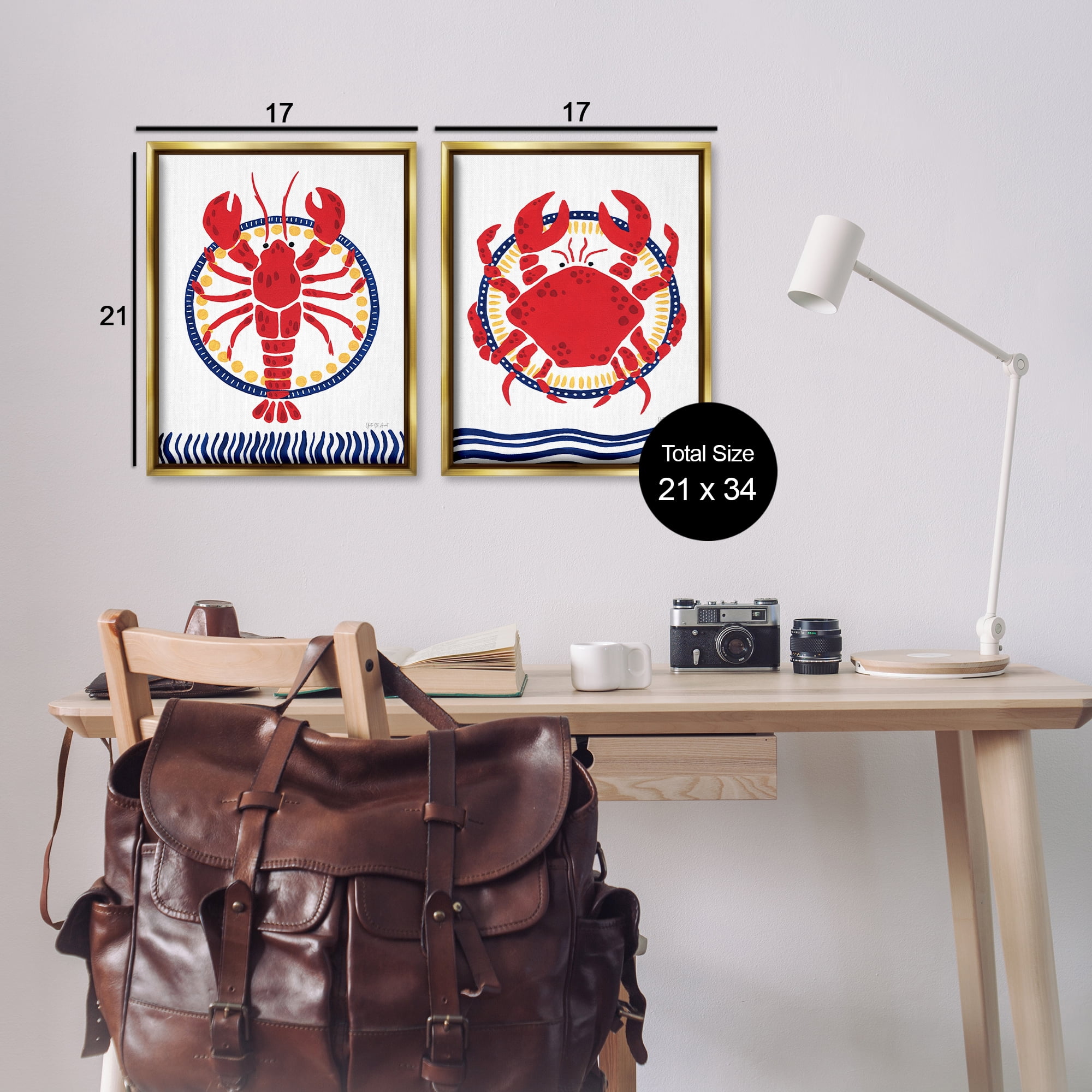 Stupell Industries Coastal Lobster & Crab Animals Painting Gold Floater Framed Canvas Art Print Wall Art, 17 x 21, Set of 2