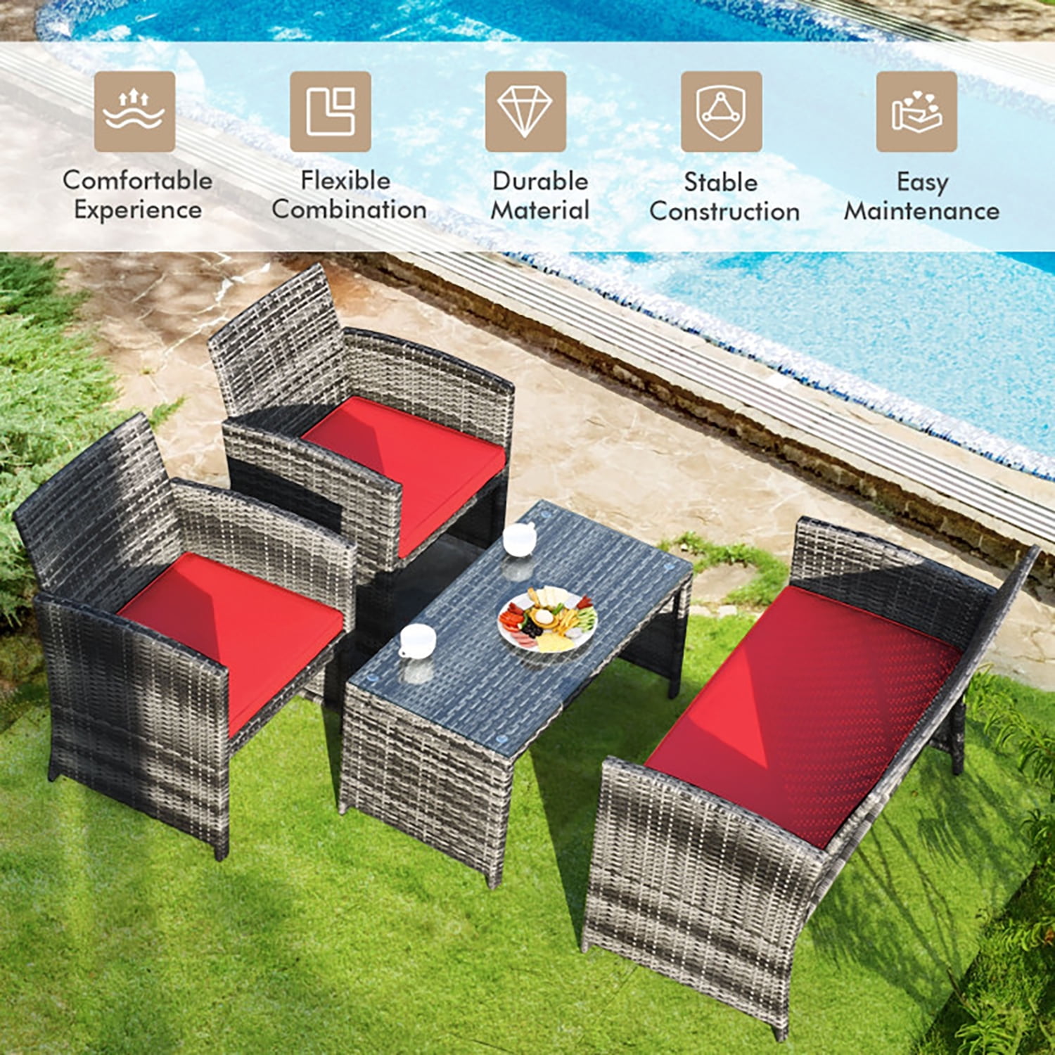 Aimee Lii 4 Pieces Wicker Patio Furniture Set with Cushions, Wicker Outdoor Sectional, Red Aimee Lii 4 Pieces Wicker Patio Furniture Set with Cushions, Wicker Outdoor Sectional, Red