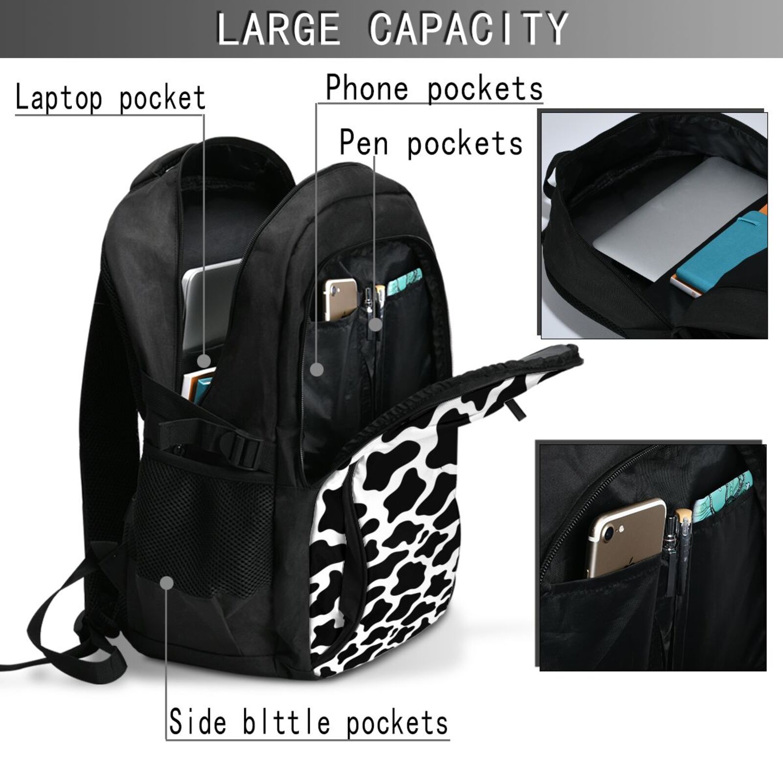 Vsdgher Cow Print Black White Print Travel Laptop Backpack, Laptops Backpack with USB Charging Port, Water Resistant Computer Bag Gift for Men & Women