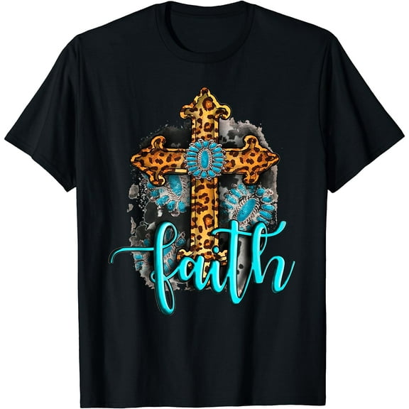Western Boho Christian Turquoise Leopard Faith Cross Jesus T-Shirt Black 2X-Large