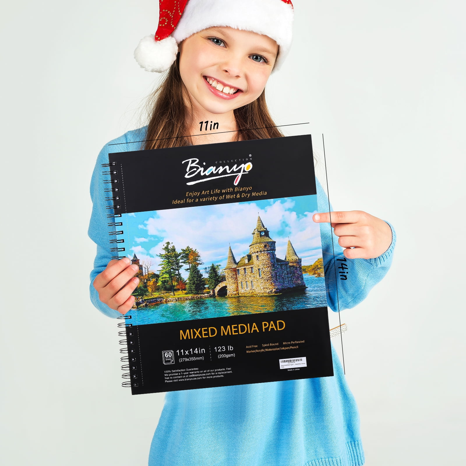 Bianyo Mixed Media Paper Pad, 11" X 14", 60 Sheets/Each, 123 LBS/200 GSM, Spiral-Bound Pad, Micro-Perforated, Ideal for Wet & Dry Media Like Art Marker, Watercolor, Acrylic, Pastel, Pencil, Charcoal