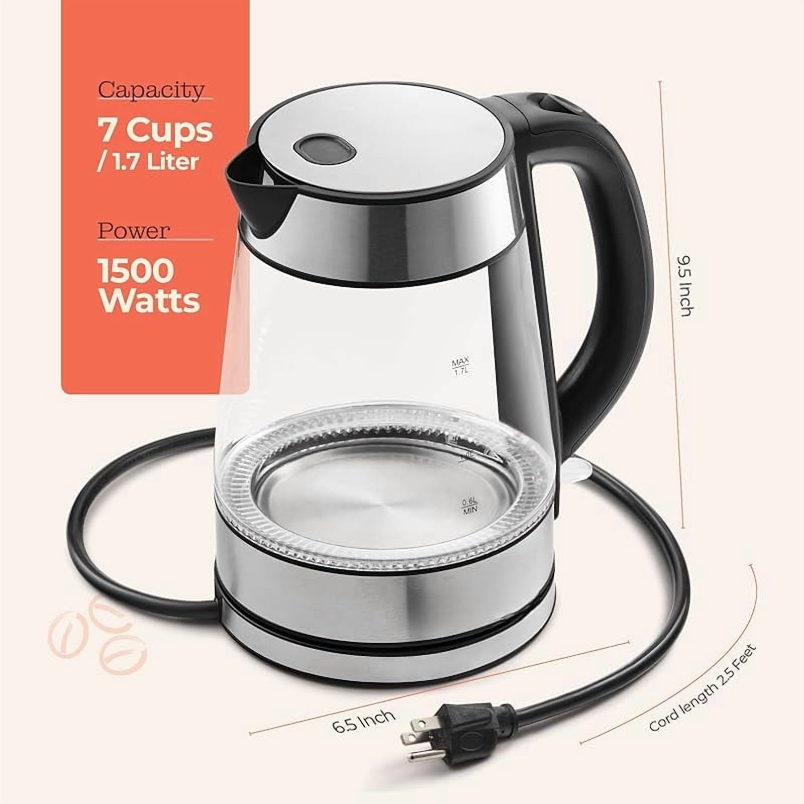 Speed-Boil Electric Kettle For Coffee & Tea - 1.7L Water Boiler 1500W, Borosilicate Glass, Easy Clean Wide Opening, Auto Shut-Off, Cool Touch Handle, LED Light. 360 °   Rotation, Boil Dry Protection