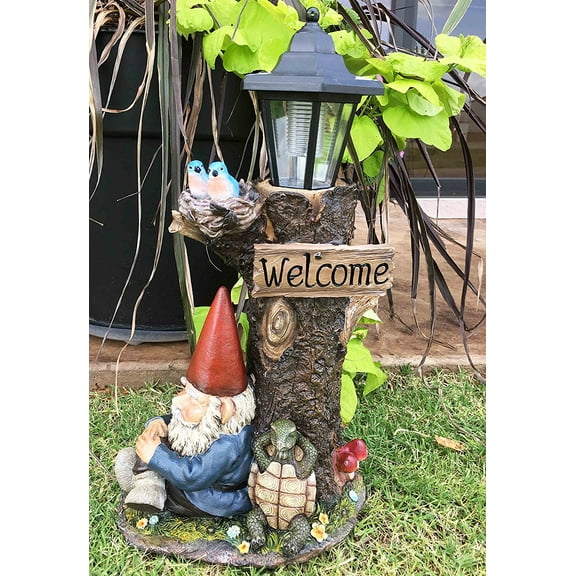 Ebros Summer Slumber Gnome With Buddy Turtle Solar Path LED Light Garden Statue