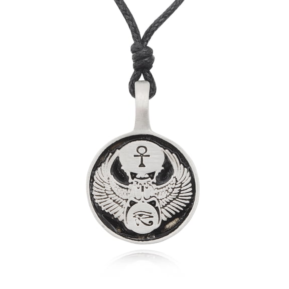 Egyptian Eye Of Horus Scarab Silver Pewter Charm Necklace Pendant Jewelry With Cotton Cord