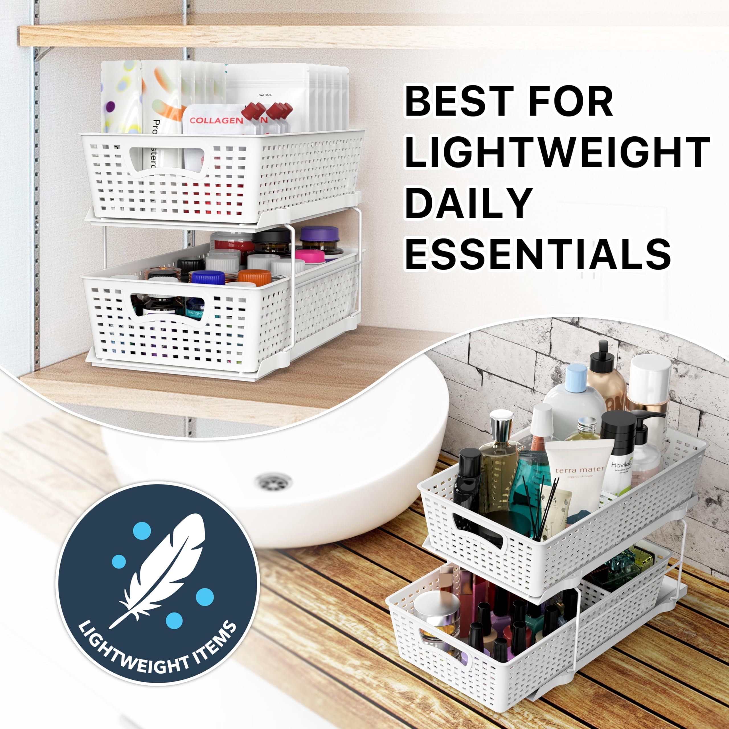 2 Tier Bathroom Organizer Tray Pull-out Sliding Drawer  Under Sink Storage White