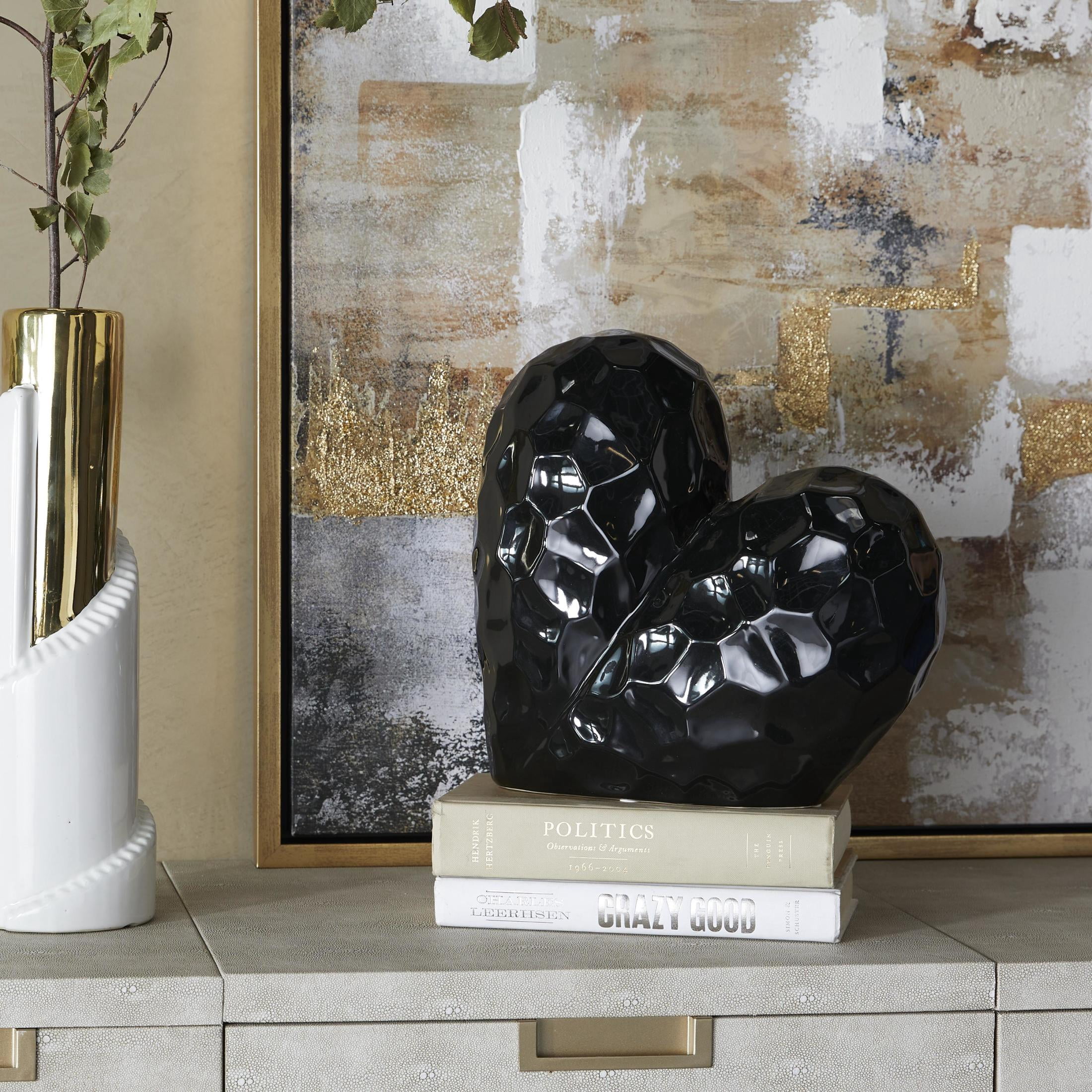 12" x 11" Black Porcelain Ceramic Dimensional Angled Origami Inspired Heart Sculpture with Faceted Exterior, by DecMode