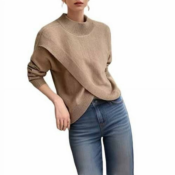 YUGYXL Women's Irregular Cross Hem Knitted Sweaters Fall Winter Loose Crew Neck Long Sleeve Pullover Jumper Tops Khaki L