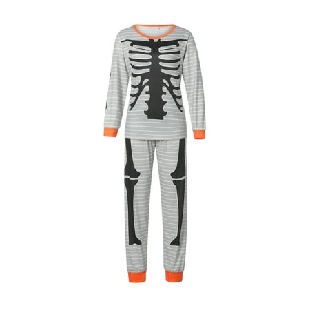 

Nokiwiqis Family Matching Nightwear Set Halloween Skeleton Print O-Neck Long Sleeve Tops+ Pajamas Trousers for Kids Adults Gray