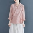 thumbnail image 4 of CaComMARK PI Clearance Women's Wrap V Neck Cotton Linen Blouse Vintage Chinese Frog Button Tunic Shirts Casual Loose Long Sleeve Top Pink 12(XXL), 4 of 4