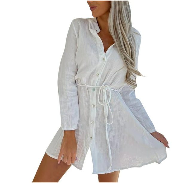 Vestido camisero de protección solar de playa de manga larga de