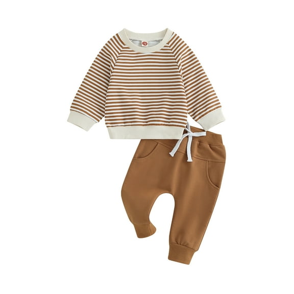 Bagilaanoe 2PCS Toddler Baby Boy Long Pants Set Striped Print Long Sleeve Sweatshirt Pullover Tops   Drawstring Sweatpants 6M 12M 18M 24M 3T Kids Casual Sweatsuits