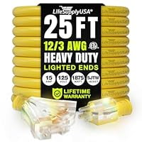 25ft Outdoor/Indoor Extension Cord 3-Outlet 12/3 Gauge Extra Heavy Duty ETL Listed, 3 Prong SJTW, Waterproof, Flexible Cold-Resistant Long Power Cord,15A 125V 1875W, Yellow by LifeSupplyUSA