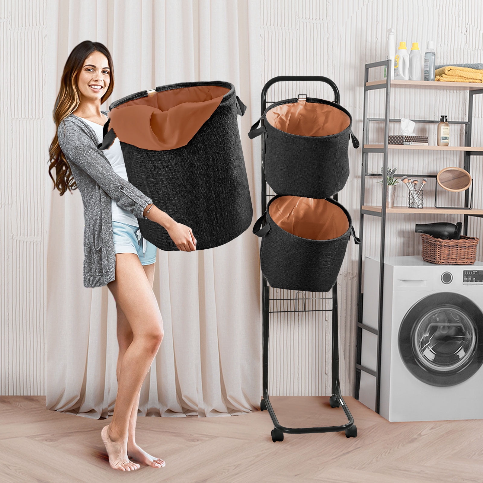 YOUPINS 3-Tier Laundry Hamper Sorter, Laundry Storage Organizer with Wheels Movable Rolling Laundry Baskets Cart, Bathroom Cart Clothes Shelf,Laundry Butler for Bathroom Bedroom Laundry Room, Black