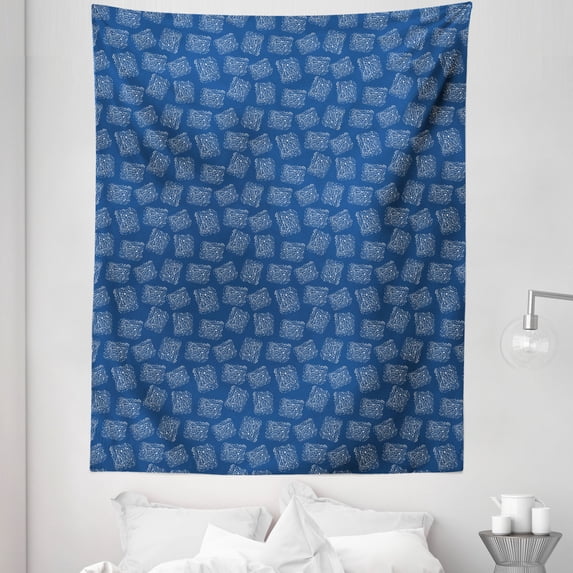 Blue White Tapestry, Traditional Japanese Composition Watercolor Style Spotted Squares, Fabric Wall Hanging Decor for Bedroom Living Room Dorm, 5 Sizes, Navy Blue and White, by Ambesonne