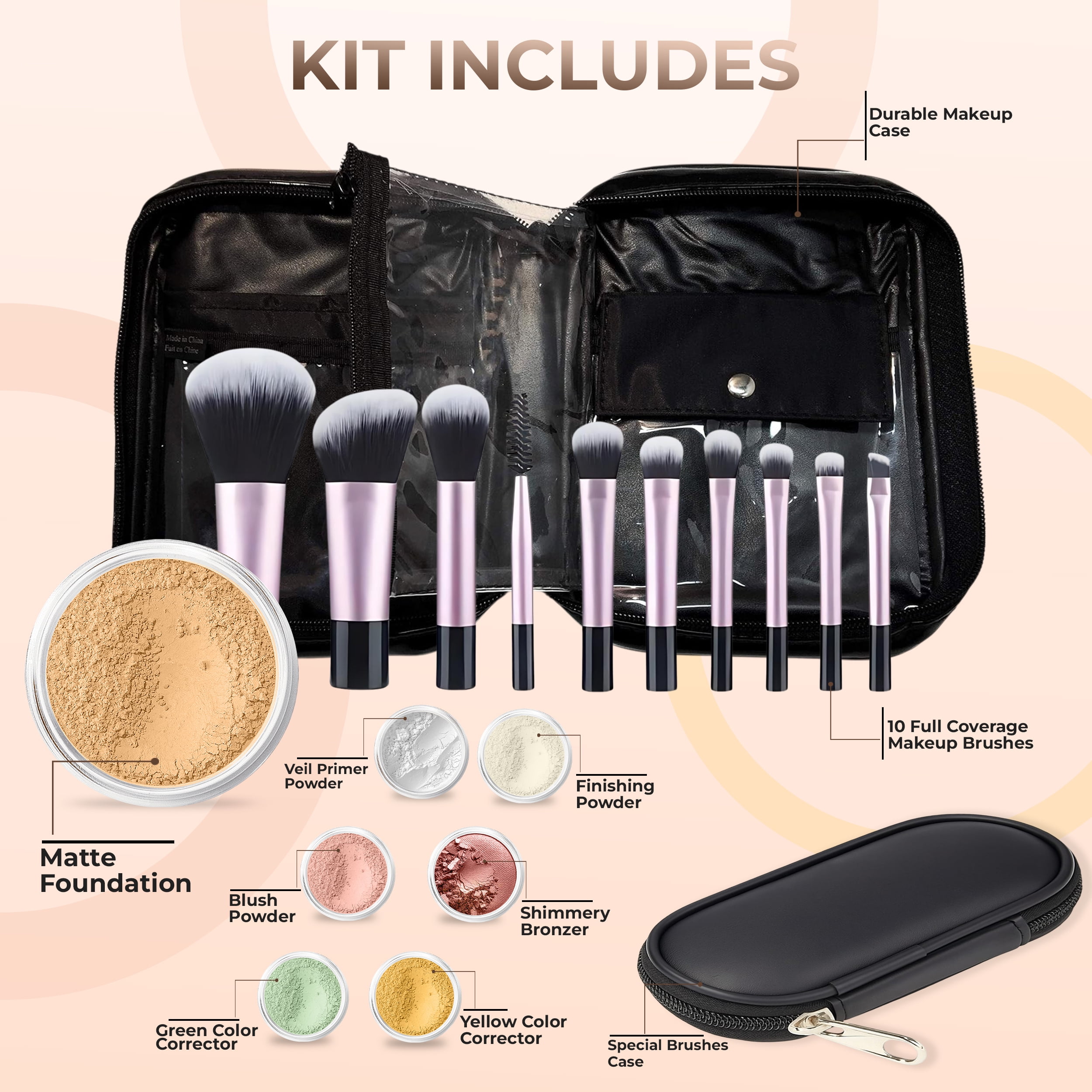 15 pc STARTER KIT w/BRUSHES & CASE (BEIGE) Mineral Makeup Foundation Blush Bronzer Illuminating Veil Set Bare Skin Matte Powder