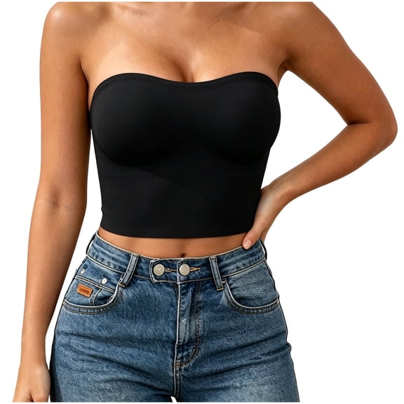 Women's Strapless Longline Bandeau Bra, Seamless Padded Body Fitting Casual Underwear Bralette Black S