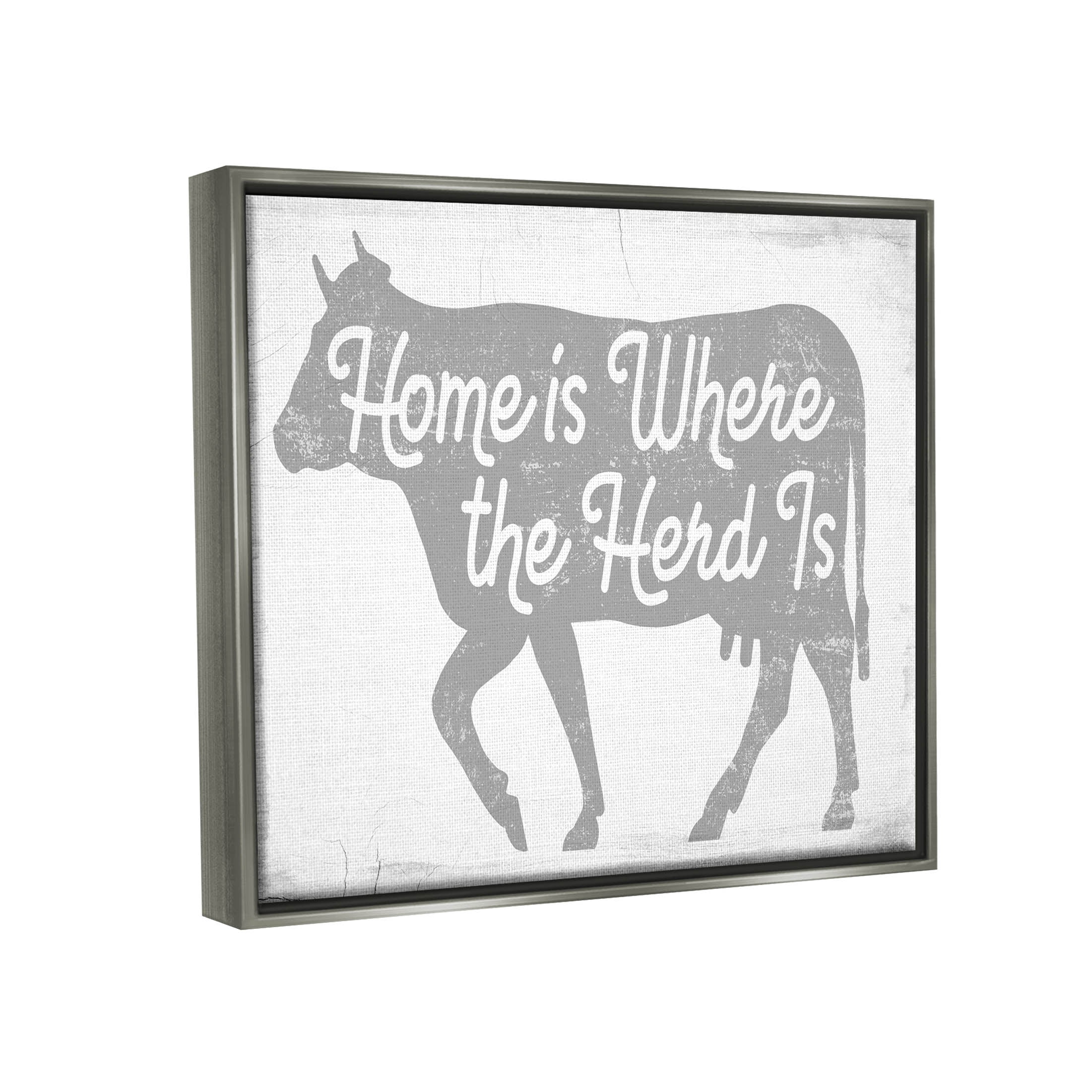 Stupell Industries Home Is Where Herd Is Phrase Graphic Art Luster Gray Floating Framed Canvas Print Wall Art, Design by Lil' Rue