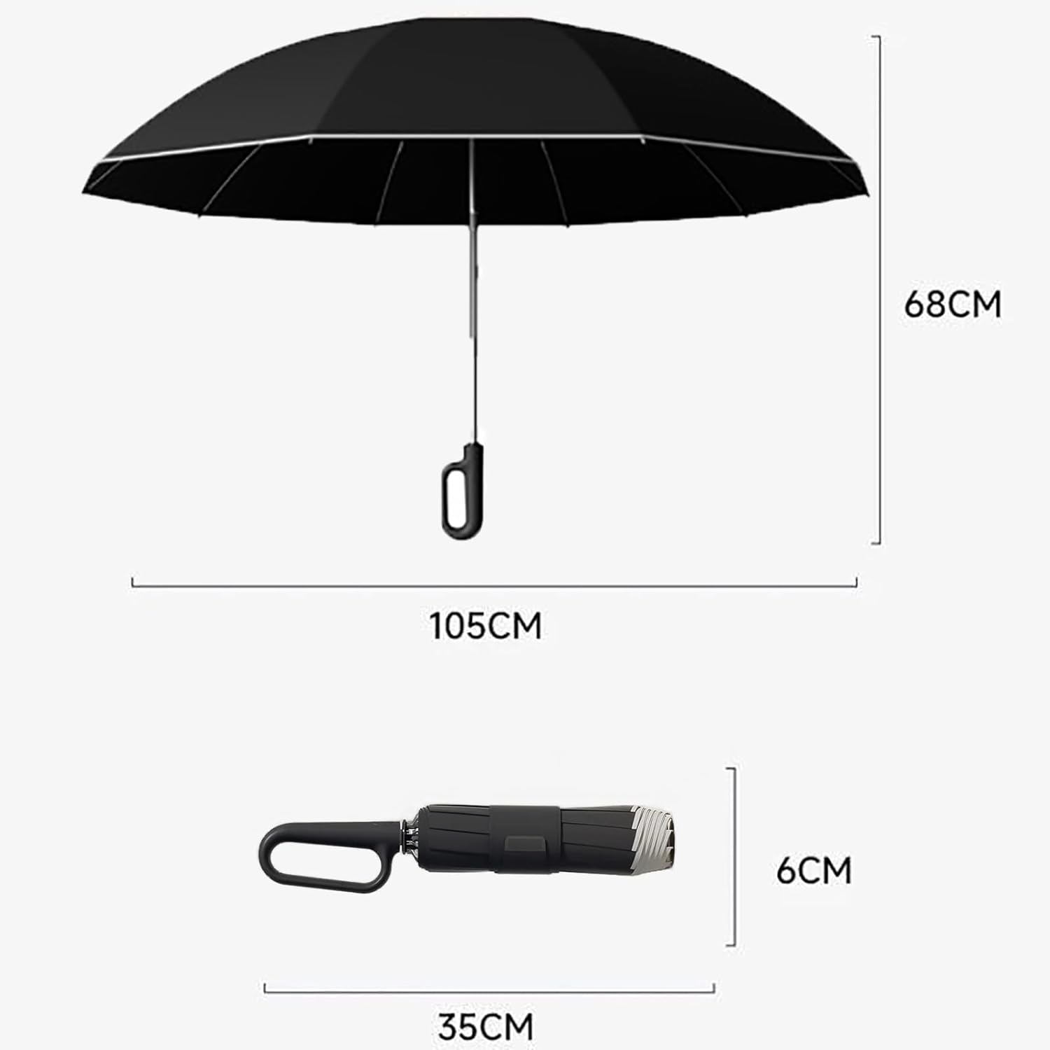 Reverse Auto Umbrella With Carabiner Handle - Windproof Compact Travel Umbrella With Reflective Strips