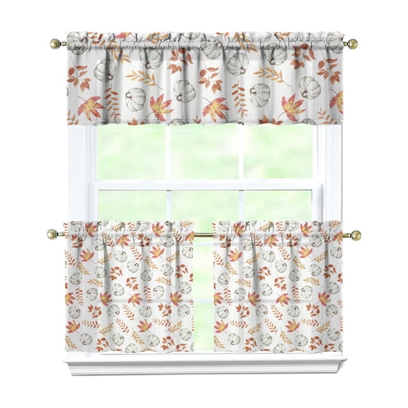 Farmhouse Thanksgiving Curtains 3 PCSS - Fall Harvest Tier Panels 27.5x24 Inch, Semi-Sheer Pumpkin Pattern, Rod Pocket Café Curtains