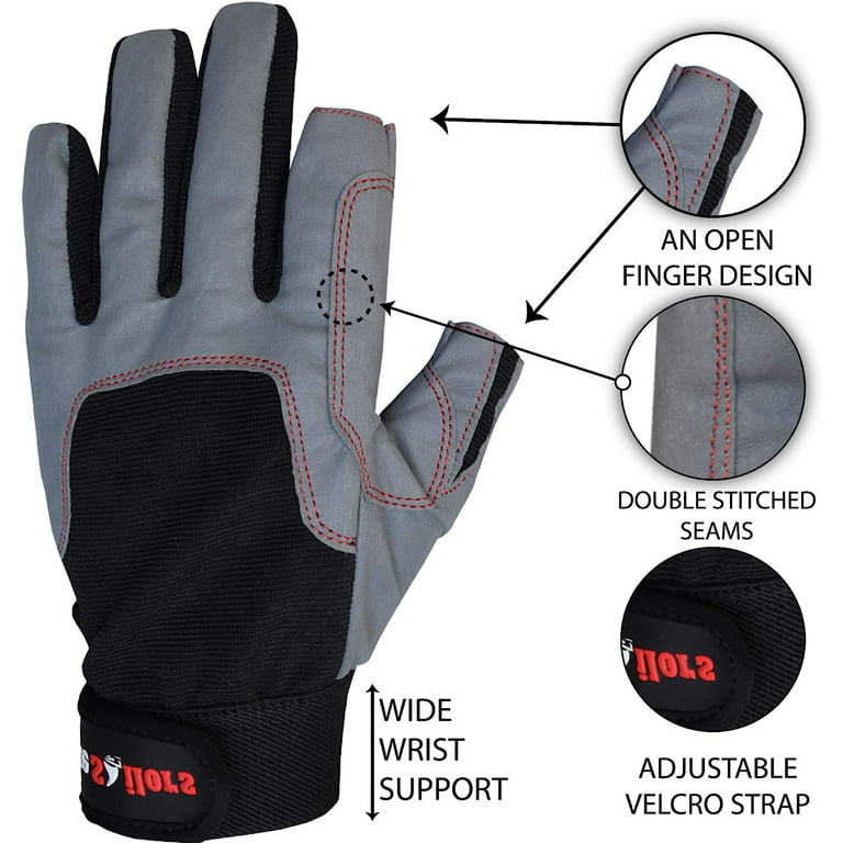 True Sailors Sailing Gloves with Cut Only Thumb and Index Finger and Grip for Men and Women, Great for Kayaking, Workouts and More Grey/Black, adult